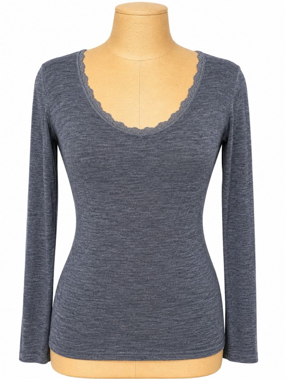 100% Merino Wool Gray Long Sleeve Lace Trim Scoop Neck Top Size M